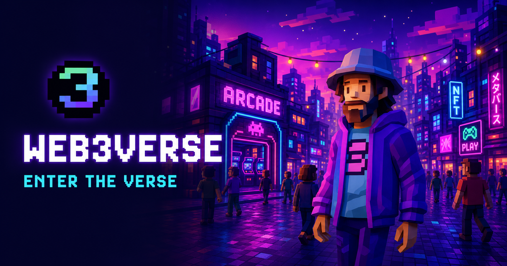 Web3Verse mascot exploring a neon metaverse arcade